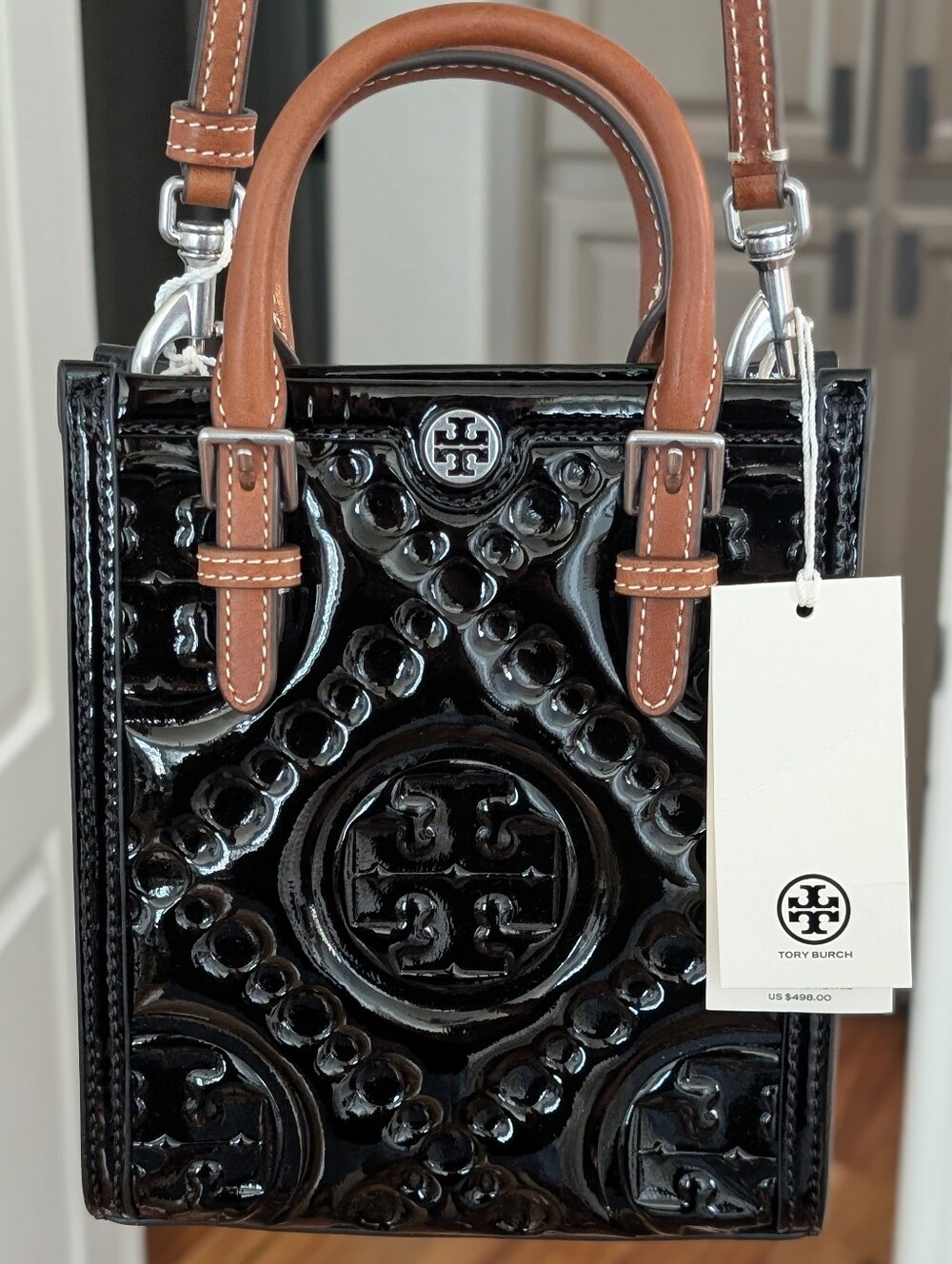 Tory Burch Lambs Patent Leather Mini T Monogram Tote + Dust and Gift Bag Nwt ❤️